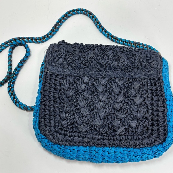 J. Crew Blue Colorblock Raffia Woven Crossbody Bag- Beach Quiet Luxury Handbag - Picture 7 of 10